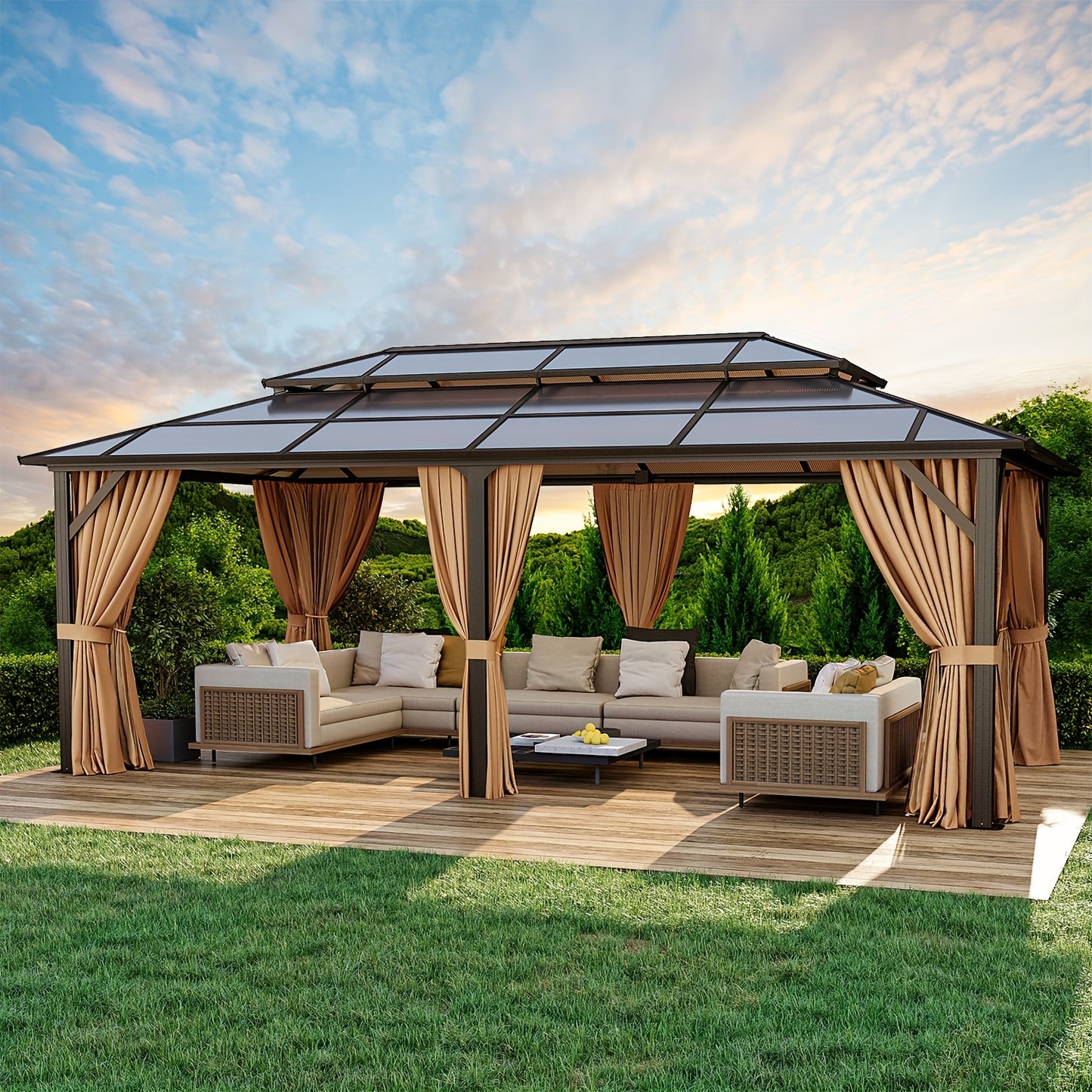 Hardtop Gazebo Polycarbonate Roof Aluminum Frame Curtains & Net