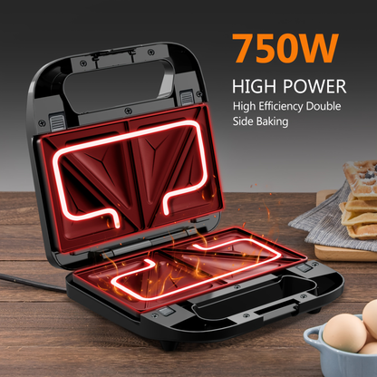 Sandwich Maker 3-in-1 Panini Press & Waffle Iron 750W with Removable Non-Stick Plates, Dishwasher Safe, Compact for Dorm, RV & Travel