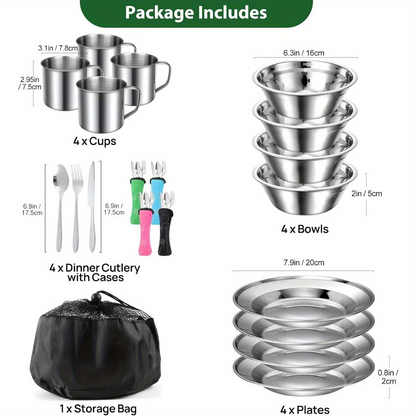 Stainless Steel Camping Mess Kit 29 Piece Dinnerware Set - Plates Bowls Mugs Cutlery