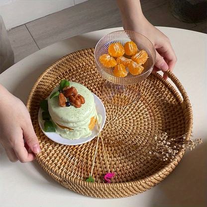 Serving Tray Basket - Hand-Woven Round Rattan Organizer for Fruits Bread Snacks, Rustic Farmhouse Decor for Kitchen Dining Table Coffee Station