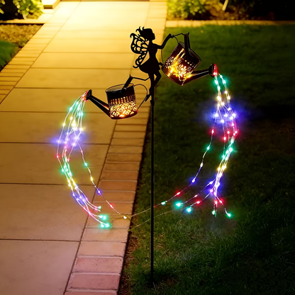 Solar Garden Light - Outdoor Fairy Statue Lamp with Rainbow Waterfall String Lights & Rose Lantern Multicolor LED Decor