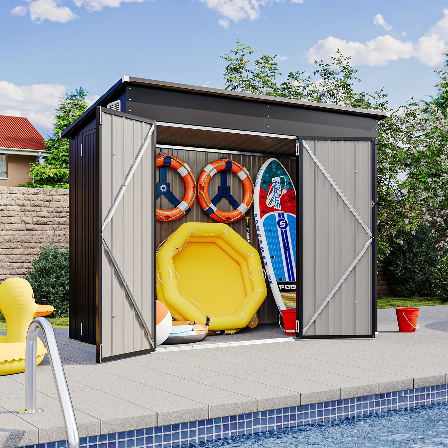 Storage Shed | Outdoor Steel Triple Door Sloped Roof Bike Garden Tools