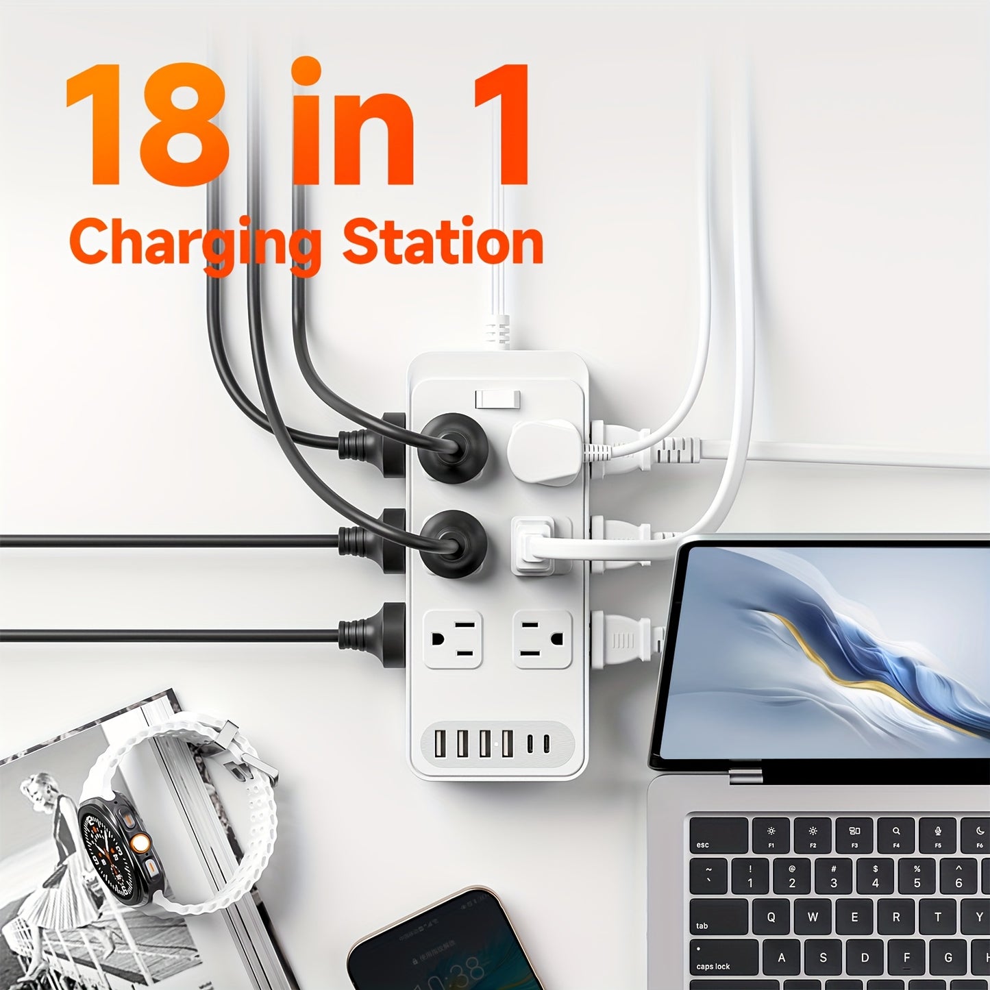 Charging Station 18-in-1 Power Strip Surge Protector 12 AC Outlets 6 USB Ports 4 USB-A 2 USB-C Flat Plug Wide Spacing Wall Mount for Home Dorm Office Travel
