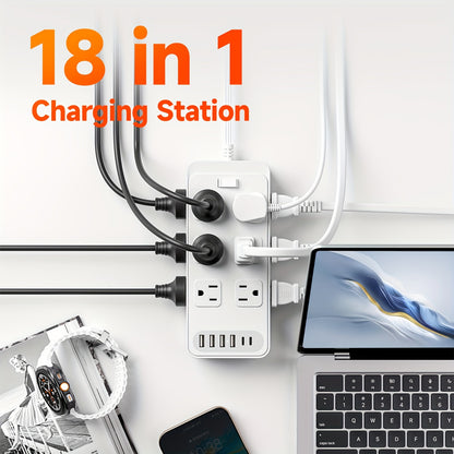 Charging Station 18-in-1 Power Strip Surge Protector 12 AC Outlets 6 USB Ports 4 USB-A 2 USB-C Flat Plug Wide Spacing Wall Mount for Home Dorm Office Travel
