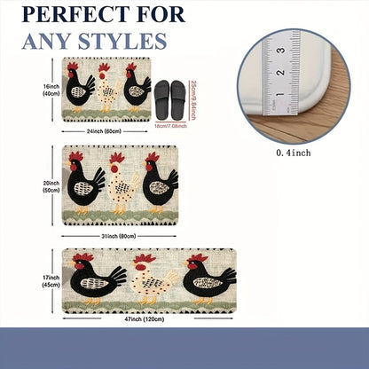 Rooster Embroidered Door Mat Indoor Outdoor Non-Woven Washable Rug for Entryway Bathroom Kitchen Porch Plaid Stripe Pattern