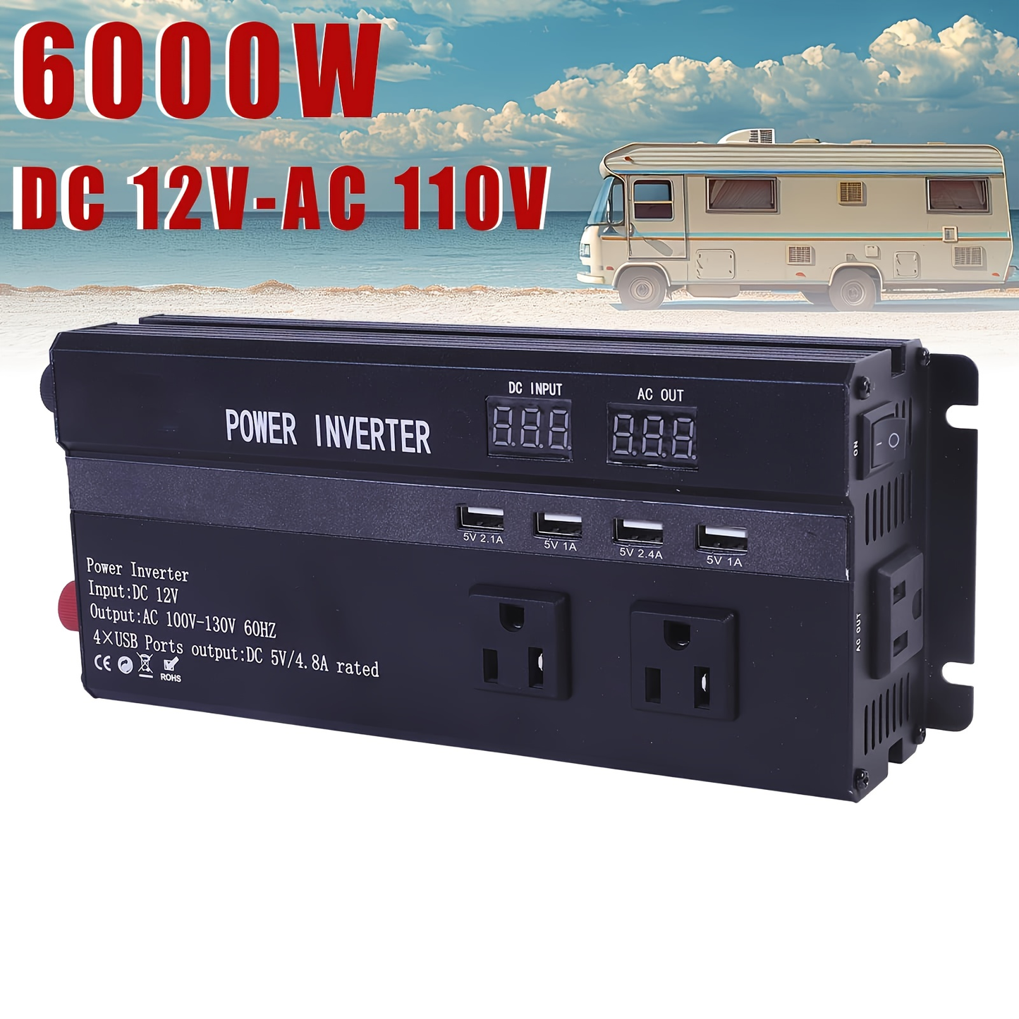 DC to AC Inverter 4000W 5500W 6500W 16000W Peak DC 12V to AC 110V High Power Car Inverter with USB Ports US Sockets Cooling Fan Overload Protection for RV Truck Outdoor Emergency