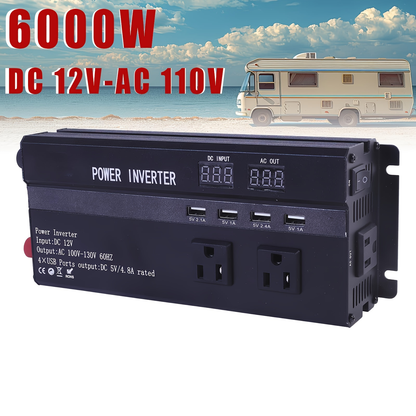 DC to AC Inverter 4000W 5500W 6500W 16000W Peak DC 12V to AC 110V High Power Car Inverter with USB Ports US Sockets Cooling Fan Overload Protection for RV Truck Outdoor Emergency