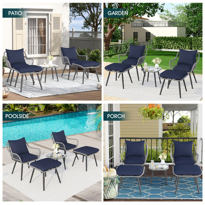 Patio Furniture Set 5 Piece | PE Rattan Sofa with 2 Footstools & Coffee Table, All-Weather Wicker, Easy Assembly, for Garden Balcony Backyard Poolside — Gray & Blue