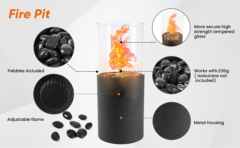 Fire Bowl Tabletop Fire Pit Indoor Outdoor Butane Fuel Mini Portable Fireplace with Glass Wind Guard for Coffee Table Patio Balcony Camping