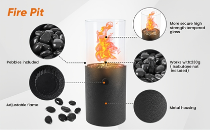 Fire Bowl Tabletop Fire Pit Indoor Outdoor Butane Fuel Mini Portable Fireplace with Glass Wind Guard for Coffee Table Patio Balcony Camping
