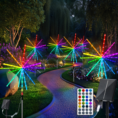 Solar Meteor Lights Outdoor 4 Pack 336 LED True 3D Firework Effect IP65 Waterproof Ground Stake with Remote Control Multi-Color – Garden Patio Christmas Valentine Party Camping Decoration