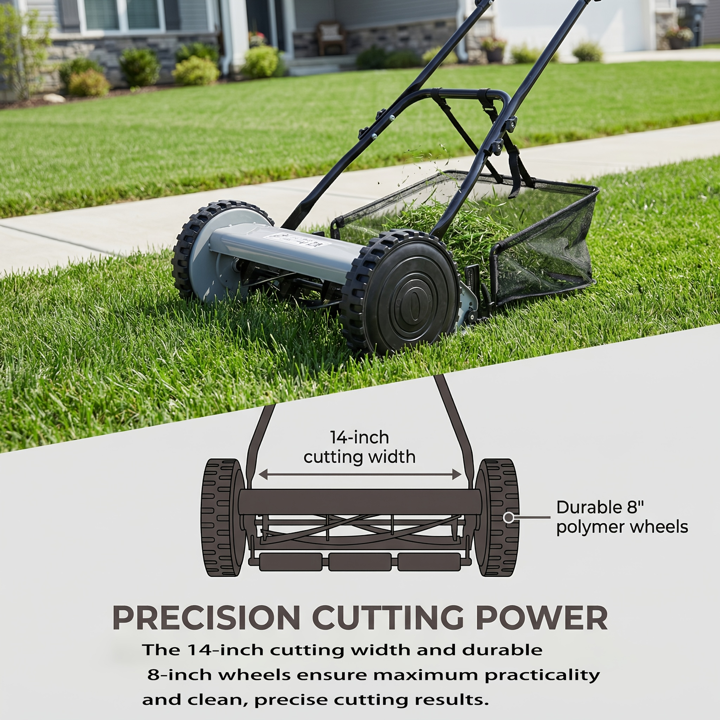Reel Lawn Mower 14-Inch 5-Blade Manual Push with Grass Catcher, Adjustable Height 0.6"-1.8", Quiet No-Gas Walk-Behind Mower for Small Yards, 13.6 lbs Lightweight