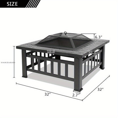 Square Fire Pit Table 32 Inch Metal Wood Burning Outdoor Fire Pit with Mesh Lid, Poker & Tabletop for Backyard Patio Garden Gatherings