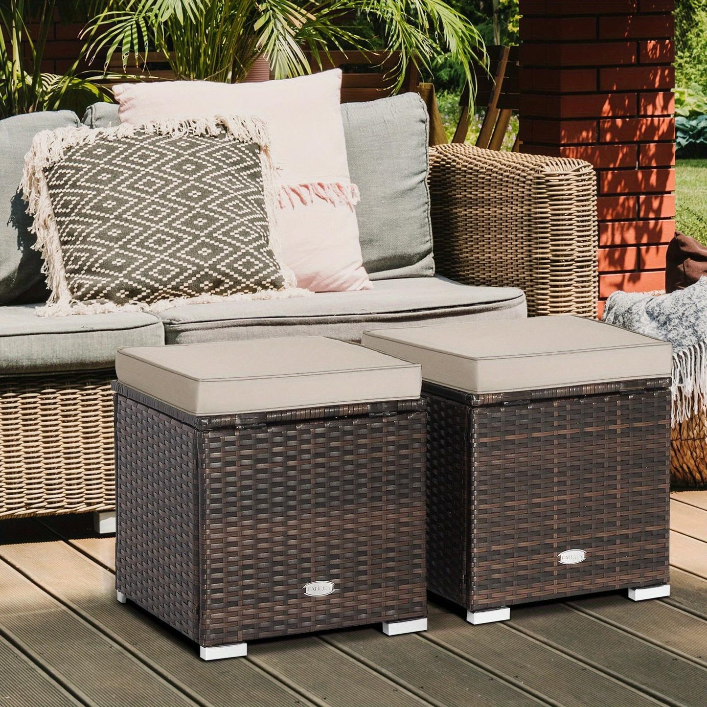 Outdoor Wicker Ottoman Set of 2 with Hidden Storage – PE Wicker Footstools with Detachable Cushions, Side Table & Extra Seating for Patio, Garden & Poolside