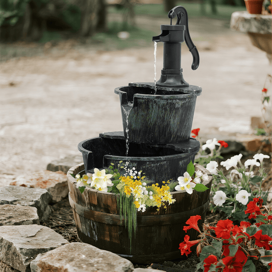 Outdoor Water Fountain | 2-Tier Barrel Waterfall Patio Garden Decor