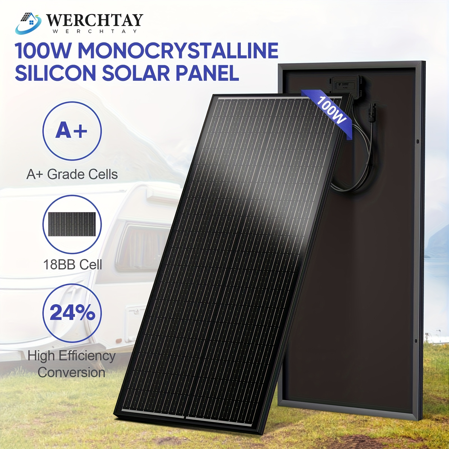 High-Efficiency 100 Watt Solar Panel Featuring a Black Backsheet, 18 BB Monocrystalline Design, Suitable for 12V Applications. Ideal for Charging Power in Homes, Rvs, Marine Settings, Rooftops, Farms, Batteries, And Other Off-Grid Uses