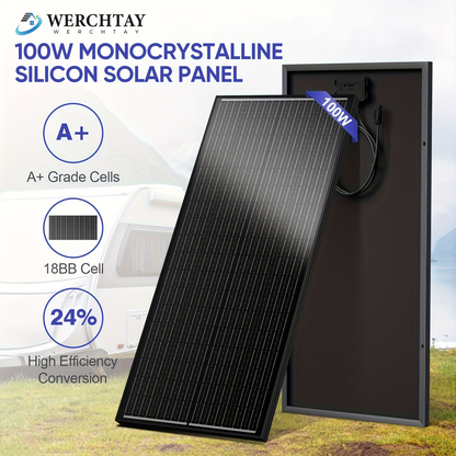 High-Efficiency 100 Watt Solar Panel Featuring a Black Backsheet, 18 BB Monocrystalline Design, Suitable for 12V Applications. Ideal for Charging Power in Homes, Rvs, Marine Settings, Rooftops, Farms, Batteries, And Other Off-Grid Uses