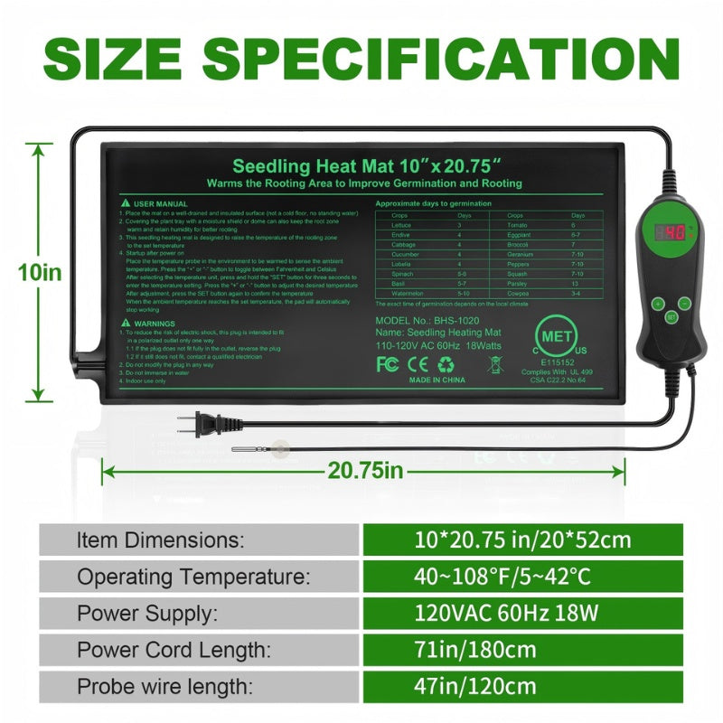 Seedling Heat Mat with Smart Thermostat Control | PVC Germination Heating Pad Accelerate Seed Sprouting Root Zone Warmth | Indoor Garden Greenhouse 2 or 4 Pack