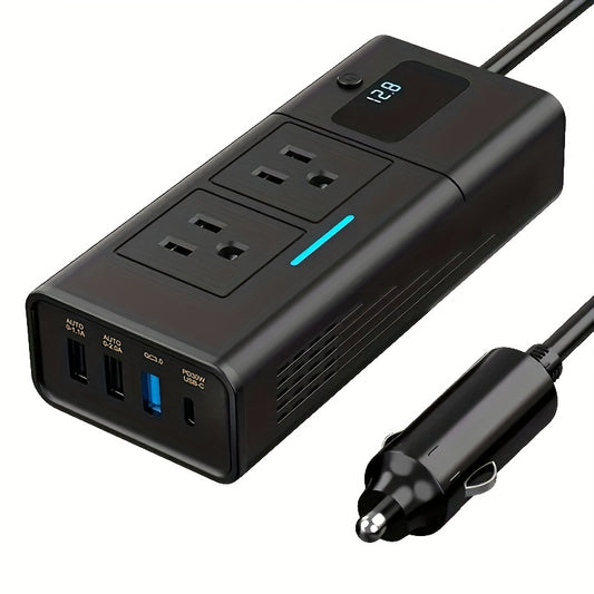 Power Inverter for Car 200W DC 12V to AC 110V with QC3.0 USB-C Type-C 1.2A 2A USB Ports Cigarette Lighter Plug Adapter Outlet Charger for Laptop Phone Tablet