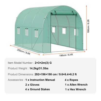 Tunnel Greenhouse Heavy Duty Galvanized Frame 140g/m² PE Cover, 6 Vent Windows Walk-In Hoop House for Garden & Farm, Multiple Sizes