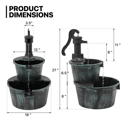 Outdoor Water Fountain 2-Tier | Barrel Waterfall Patio Garden Decor