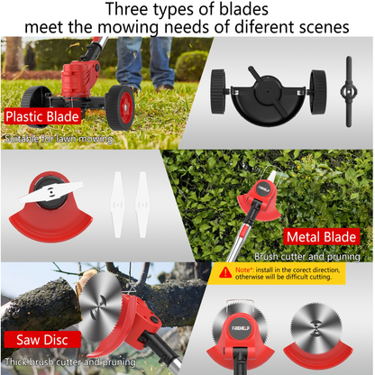 Cordless Lawn Mower 3-in-1 Electric Trimmer Weed Eater Edger Bush Cutter 21V Dual Battery Adjustable Height Swivel Head Lightweight for Small Yards Patios Gardens