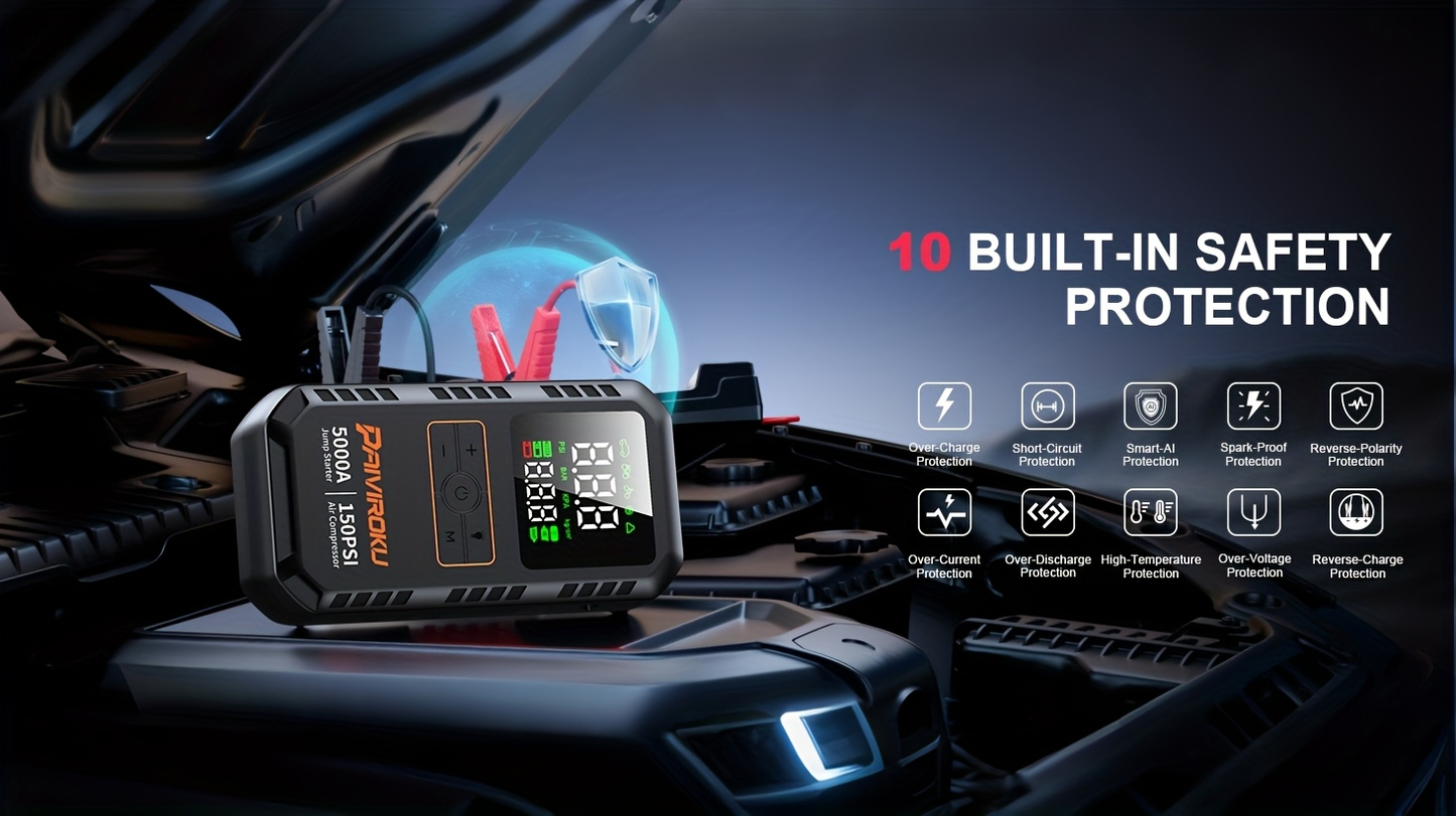 Portable Jump Starter 5000A 7-in-1 with Air Compressor 150PSI, Battery Booster for Car 7.0L Gas/6.0L Diesel, QC3.0 Power Bank, LCD Display & LED Emergency Light