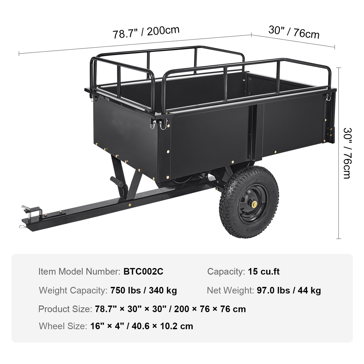 Tow Behind Dump Cart ATV Trailer 750-1500 lbs, Heavy Duty Steel Garden Dump Trailer 12-15 Cu Ft with Removable Sides & Pneumatic Tires for Mowers, Tractors, UTV