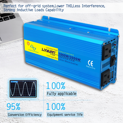 1000W Power Inverter Pure Sine Wave 2000W Peak DC 12V 24V to AC 110V US Socket Portable Car Truck Marine RV Vehicle Adapter Transformer No Battery Required