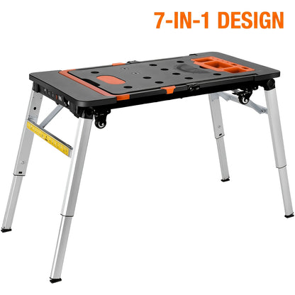7in 1 Multifunctional Work Benches, Folding Work Table for Garage, As Portable Workbench, Sawhorse, Scaffold, Platform, Car Creeper, Dolly And Hand Truck, with 4 Wheels, Perfect Gift for Father's Day, Requires No Assembly