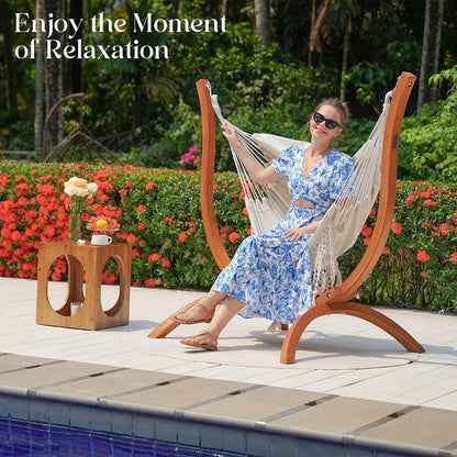 Hammock Swing Chair with Stand – Heavy-Duty Wood Frame Macrame Boho Handmade Hanging Chair with Cushion, 400 lbs Capacity for Yard, Garden & Porch