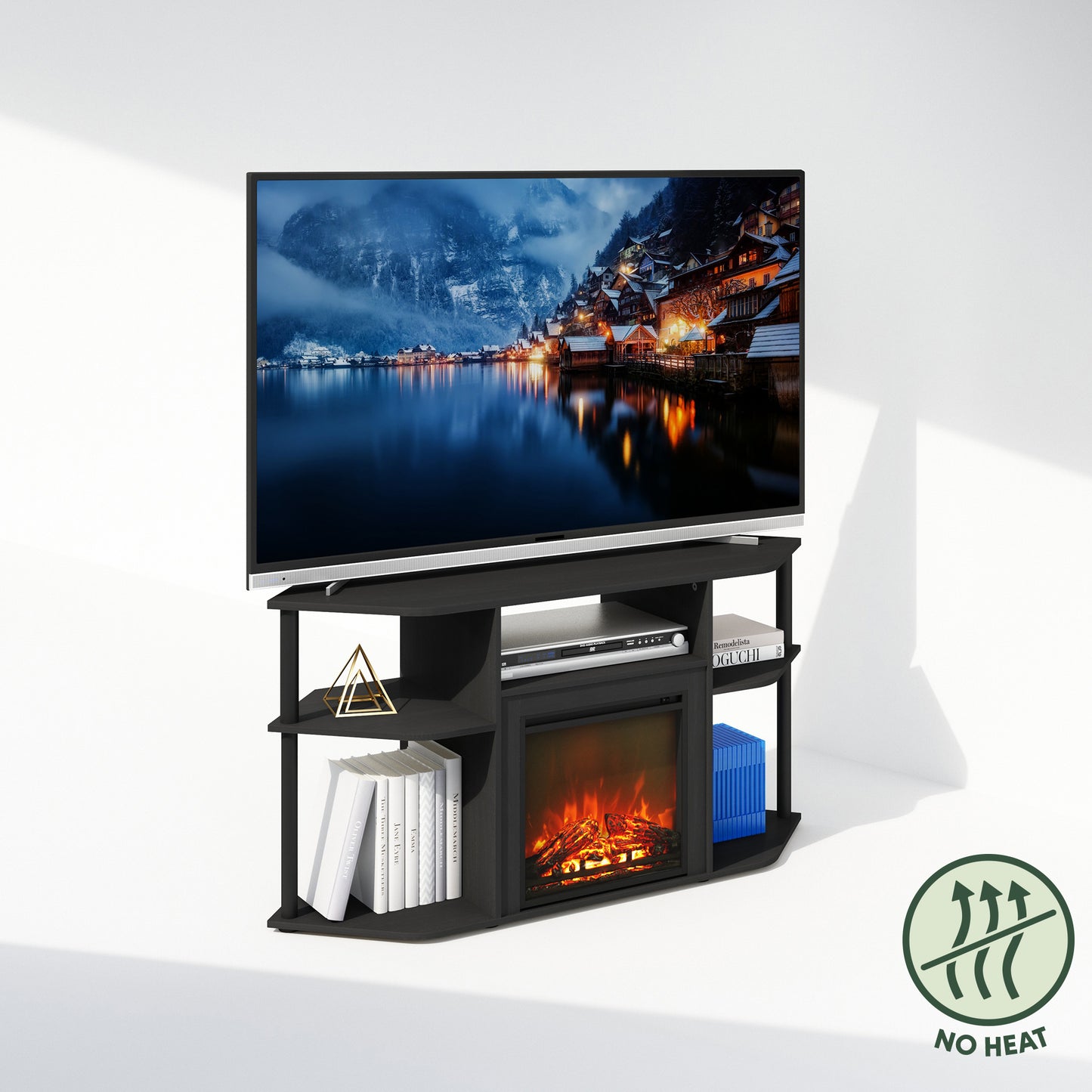 Corner TV Stand with Electric Fireplace, 55" Entertainment Center with Open Storage Shelves & Decorative Plastic Poles, Corner Fireplace Media Console, Americano/Black