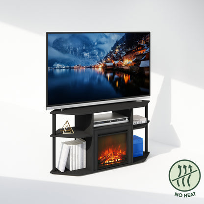 Corner TV Stand with Electric Fireplace, 55" Entertainment Center with Open Storage Shelves & Decorative Plastic Poles, Corner Fireplace Media Console, Americano/Black