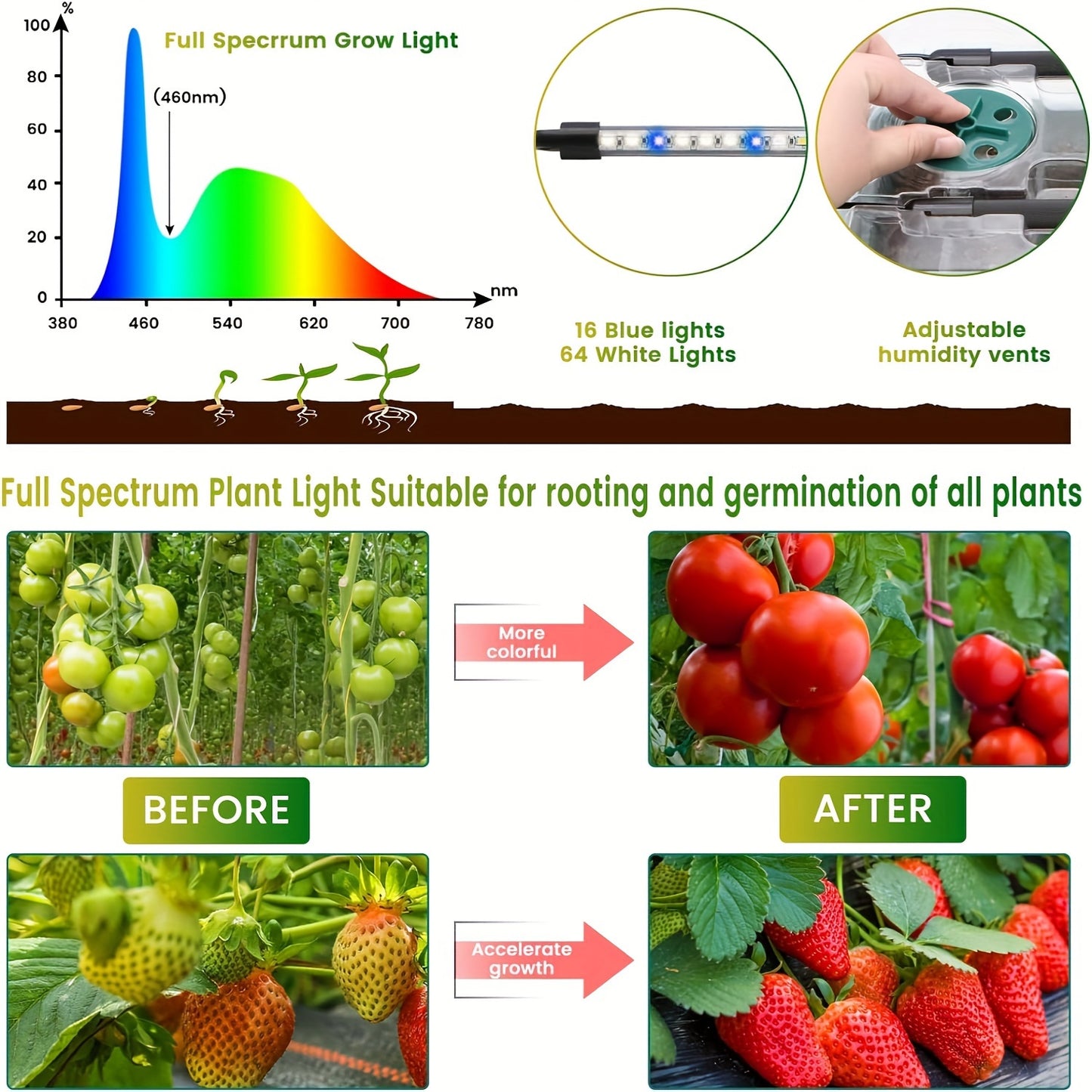 Seed Starting Tray Kit 4-Set 160 Cells High Dome | 8 LED Grow Lights Smart Timer 3 Modes 5 Brightness | Indoor Greenhouse Germination Propagation