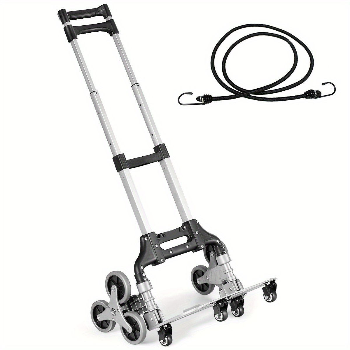 Stair Climbing Cart Folding Hand Truck 180 lbs Capacity, Aluminum Alloy Utility Dolly with Telescoping Handle, 3-Wheel Stair Climber & 4 Swivel Casters, Bungee Cord Included
