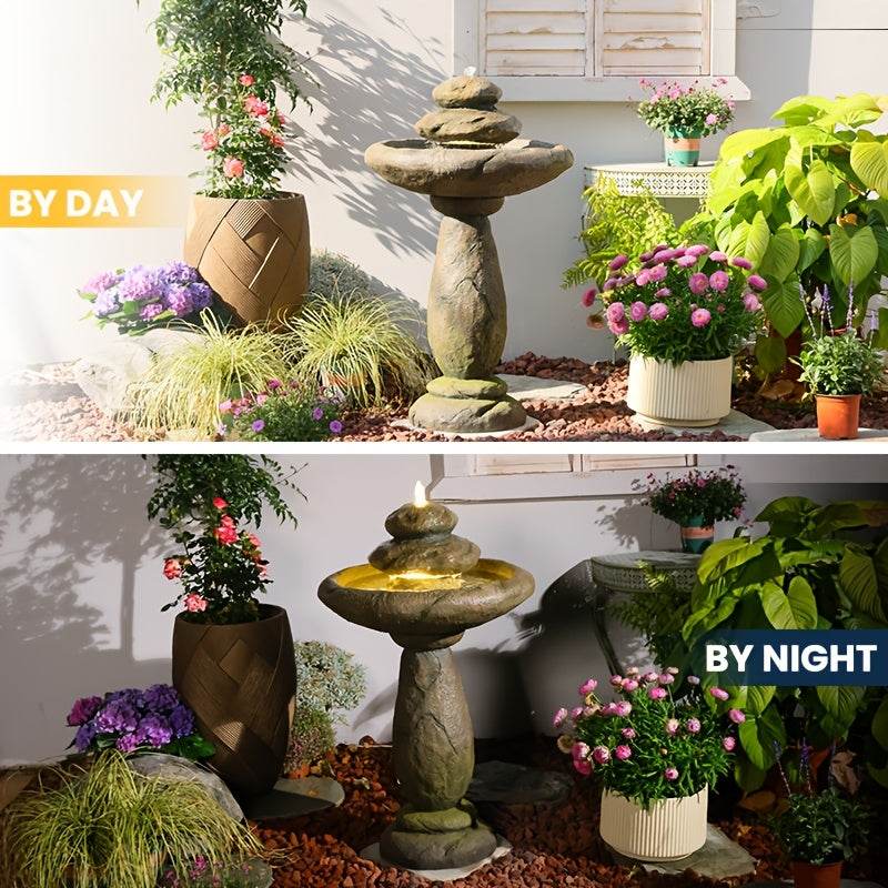Garden Fountain 40.2 Inch Floor Standing Bird Bath Outdoor Fountain with LED Lights IPX8 Pump for Backyard Patio