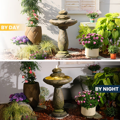 Garden Fountain 40.2 Inch Floor Standing Bird Bath Outdoor Fountain with LED Lights IPX8 Pump for Backyard Patio