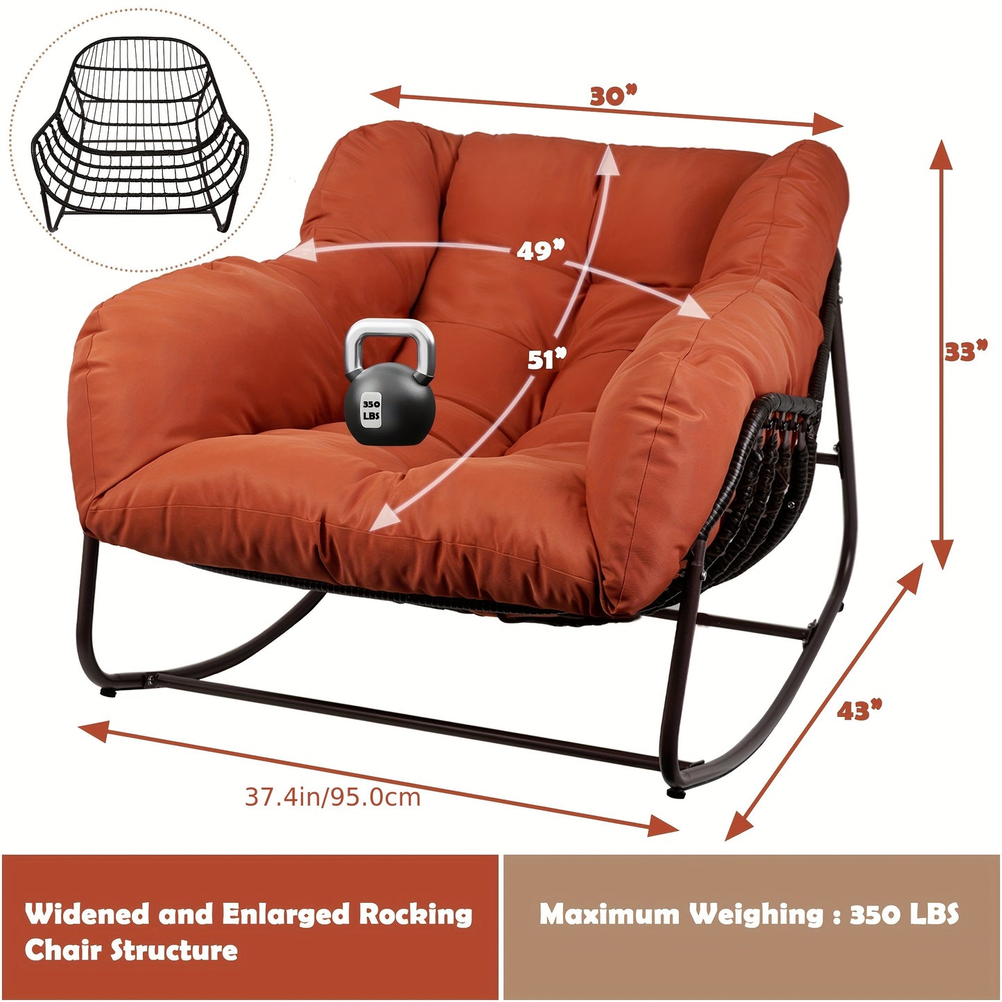 Papasan Rocking Chair Outdoor Wicker Egg Chair with Cushion & Pillow, Large Patio Rocker for Garden, Backyard & Porch, 8 Colors