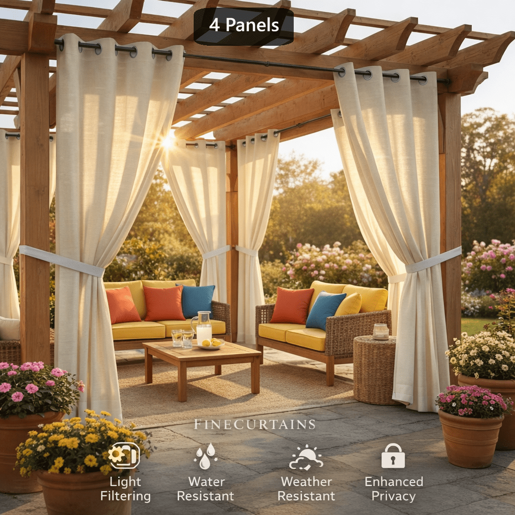 Sheer Curtains for Patio Outdoor – Grommet Top, 4 Panels, Light Filtering, UV & Water Resistant, Privacy Drapes for Pergola, Gazebo, Porch, Backyard, Beige Black Gray White Silver Taupe