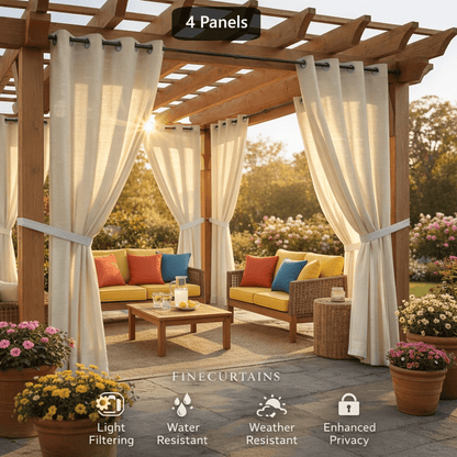Sheer Curtains for Patio Outdoor – Grommet Top, 4 Panels, Light Filtering, UV & Water Resistant, Privacy Drapes for Pergola, Gazebo, Porch, Backyard, Beige Black Gray White Silver Taupe