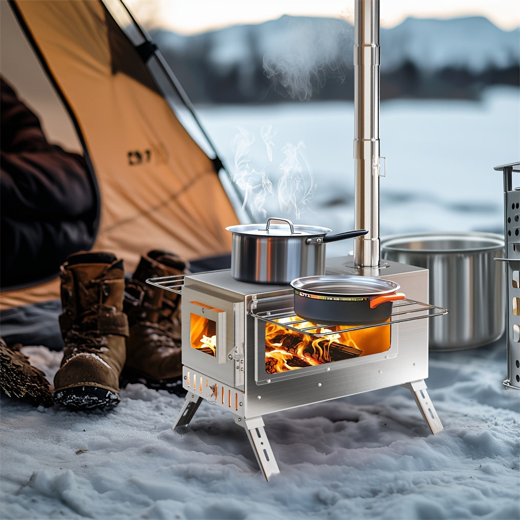 Wood Burning Stove Portable Camping Tent Stove with 7 Detachable Chimney Pipes, Stainless Steel, Adjustable Height, Fire-Resistant Window, Ash Tool & Carry Bag
