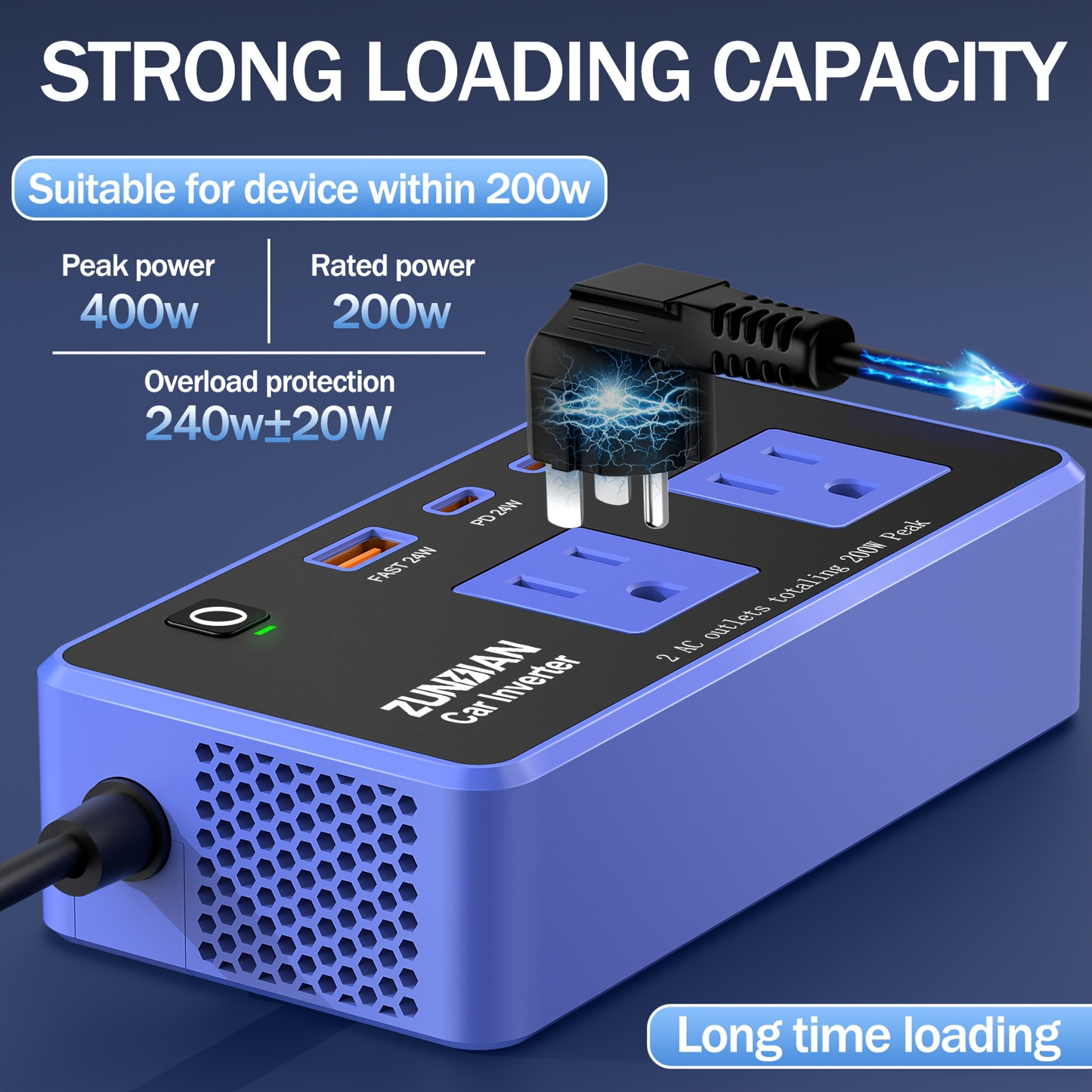 Car Inverter Charger 200W DC 12V to AC 110V with PD 24W USB-C QC 24W Quick Charge Car Plug Adapter US Socket for Vehicle Office Camping Road Trip Travel Blue