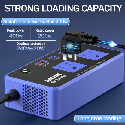 Car Inverter Charger 200W DC 12V to AC 110V with PD 24W USB-C QC 24W Quick Charge Car Plug Adapter US Socket for Vehicle Office Camping Road Trip Travel Blue