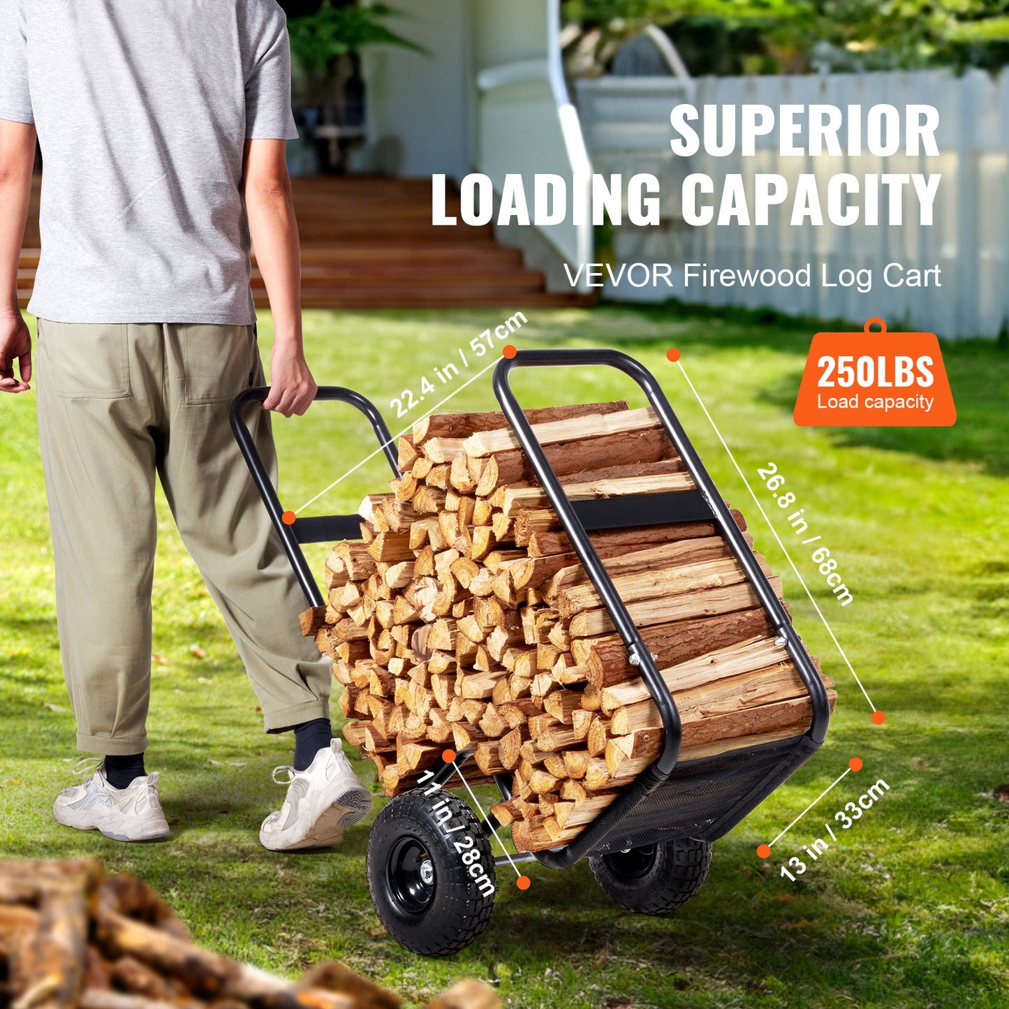 Firewood Log Cart Heavy Duty 250 lbs Capacity, Carbon Steel Wood Carrier with Pneumatic Rubber Wheels, Outdoor Indoor Log Hauler Dolly for Fireplace Fire Pit Camping
