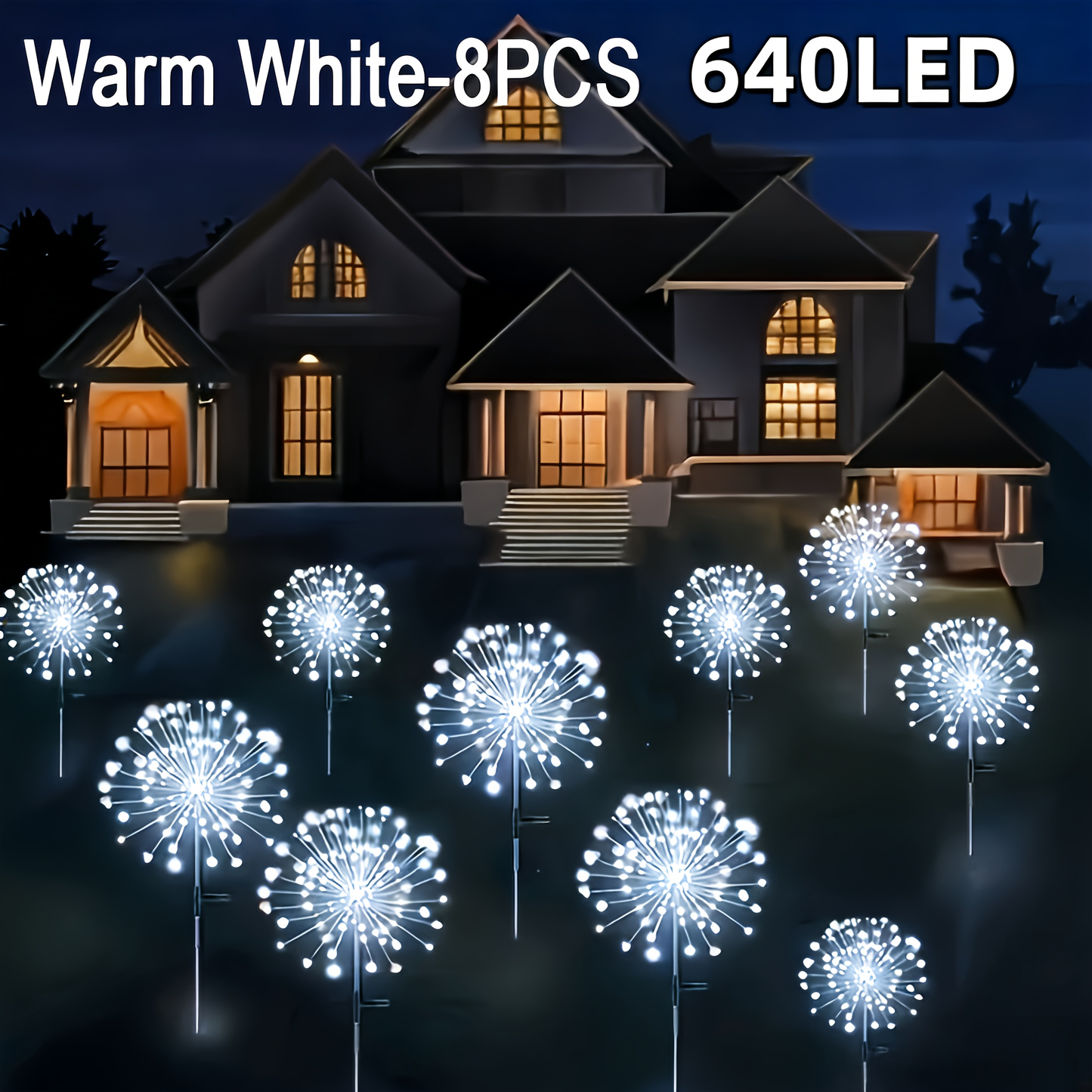 Solar Fireworks Lights Outdoor Waterproof 240–640 LED 8 Lighting Modes – 4/8 Pack Garden Stake Lights for Christmas Yard Wedding Patio Lawn Holiday Decoration