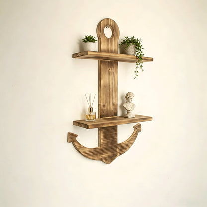 Floating Wall Shelves Solid Wood 2-Tier Nautical Anchor Shelf Handcrafted Heavy Duty Wall Mounted Organizer for Bedroom Living Room Bathroom Lake House