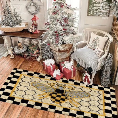 Non-Slip Bee Honeycomb Flannel Floor Mat Machine Washable Welcome Rug Indoor Outdoor Entryway Bedside Living Room Kitchen Bee Themed Home Decor