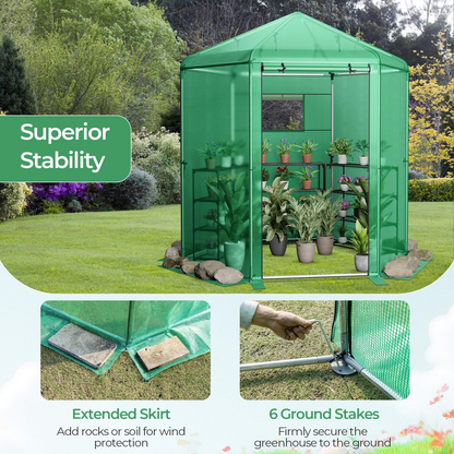 Walk-In Greenhouse 85"x72"x90" with PE Cover, Roll-Up Door & Mesh Window, 6 Ground Stakes & Ropes for Secure Outdoor Setup, Green