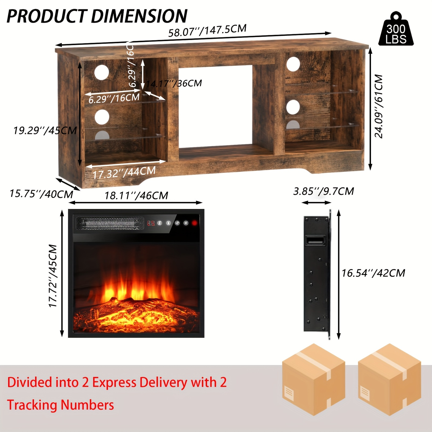 Fireplace TV Stand with 18" Electric Fireplace Insert, 58" Entertainment Center with LED Leg Lights, Media Console for TVs Up to 65", Adjustable Glass Shelves & Storage Cabinets, Black/Gray/White/Beige/Brown