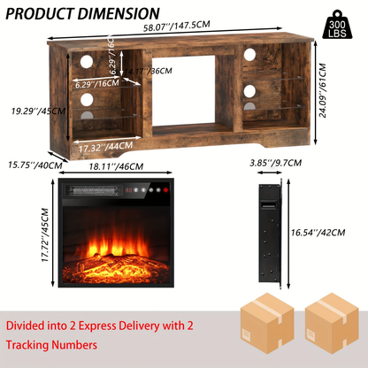Fireplace TV Stand with 18" Electric Fireplace Insert, 58" Entertainment Center with LED Leg Lights, Media Console for TVs Up to 65", Adjustable Glass Shelves & Storage Cabinets, Black/Gray/White/Beige/Brown